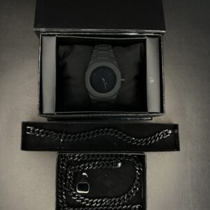 Premium black aura watch with matching chain set